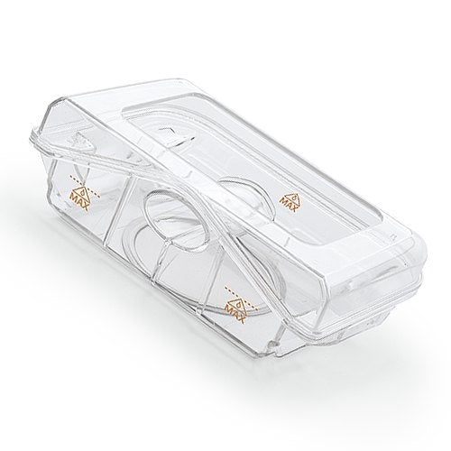 Philips DreamStation water chamber, angled product view showing the molded maximum fill arrows