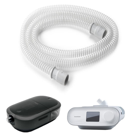 Philips DreamStation 15 mm standard tube coiled on white beside DreamStation machine renders for fit reference