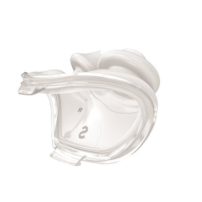 Angled view of the ResMed AirFit P10 Small pillows cushion, showing the clear key ring marked S and R