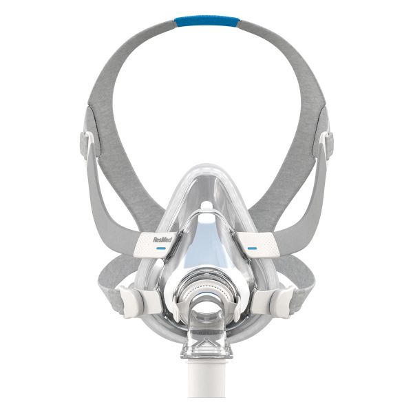 ResMed AirTouch F20 full face CPAP mask front view showing InfinitySeal cushion and QuietAir vent design