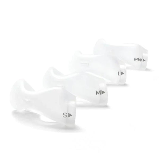 All four DreamWear silicone pillow cushion sizes side by side, marked Small, Medium, Large and Medium Wide