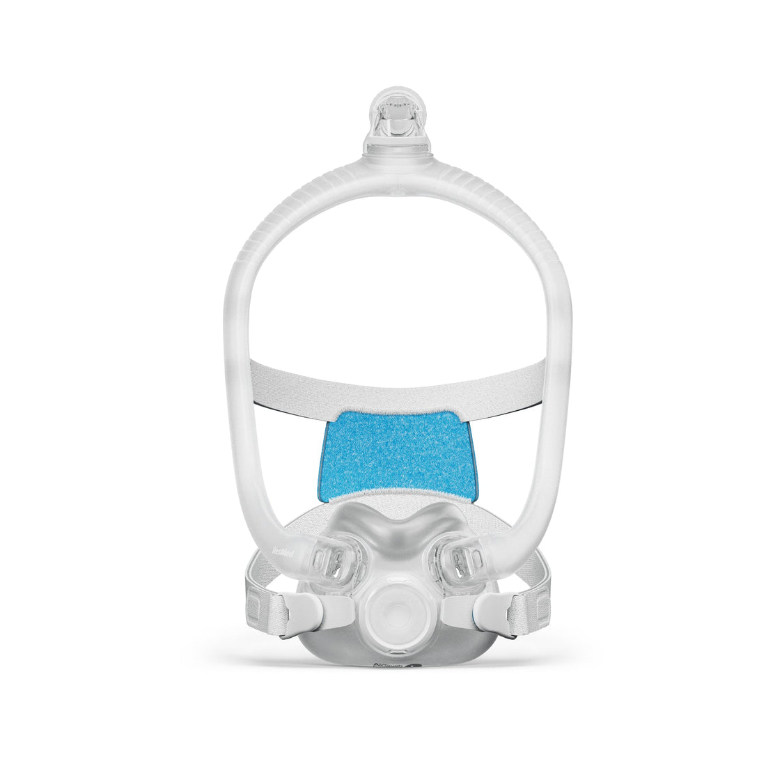 Front view of the ResMed AirTouch F30i Clear full face mask with its clear frame, top-of-head elbow and ComfiSoft cushion