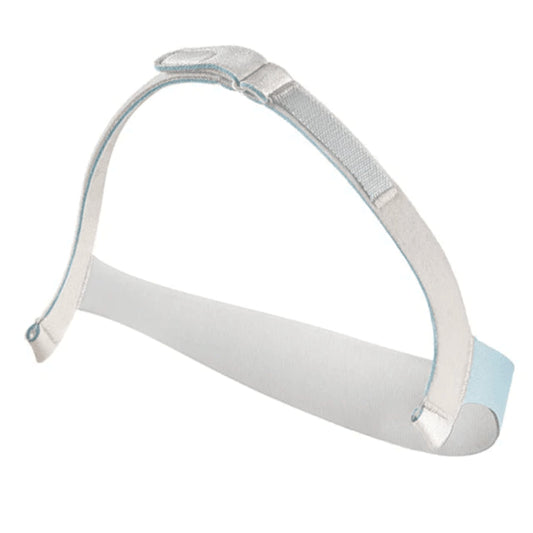Nuance headgear at an angle showing the velcro tab and the blue trim along both gray straps