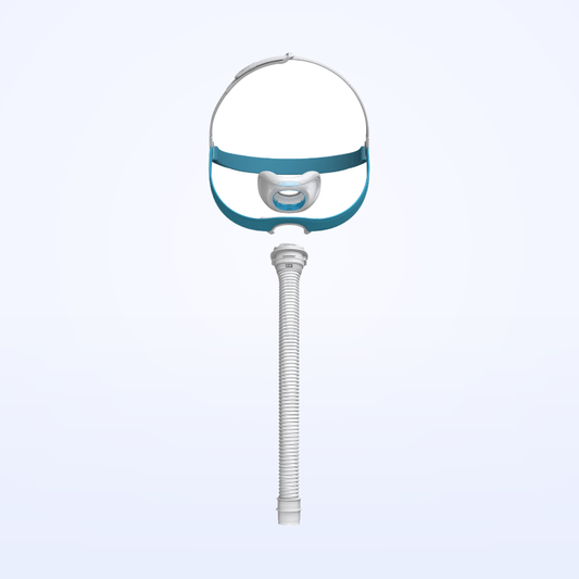 Fisher and Paykel Evora nasal mask in an exploded view, showing the headgear, cushion, frame and tube
