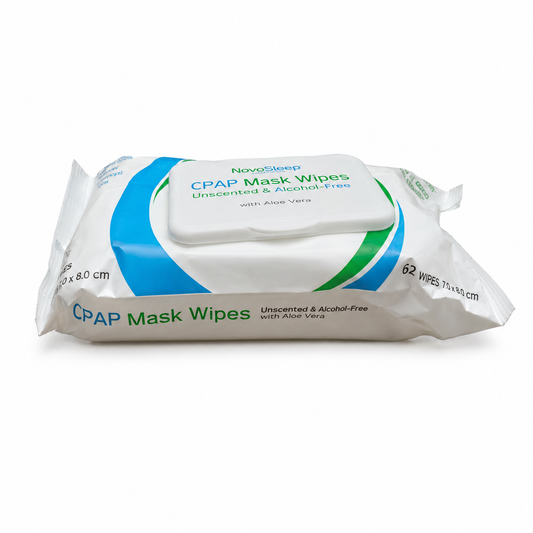 A single NovoSleep CPAP Mask Wipes pouch at an angle, showing the flip-top lid and label