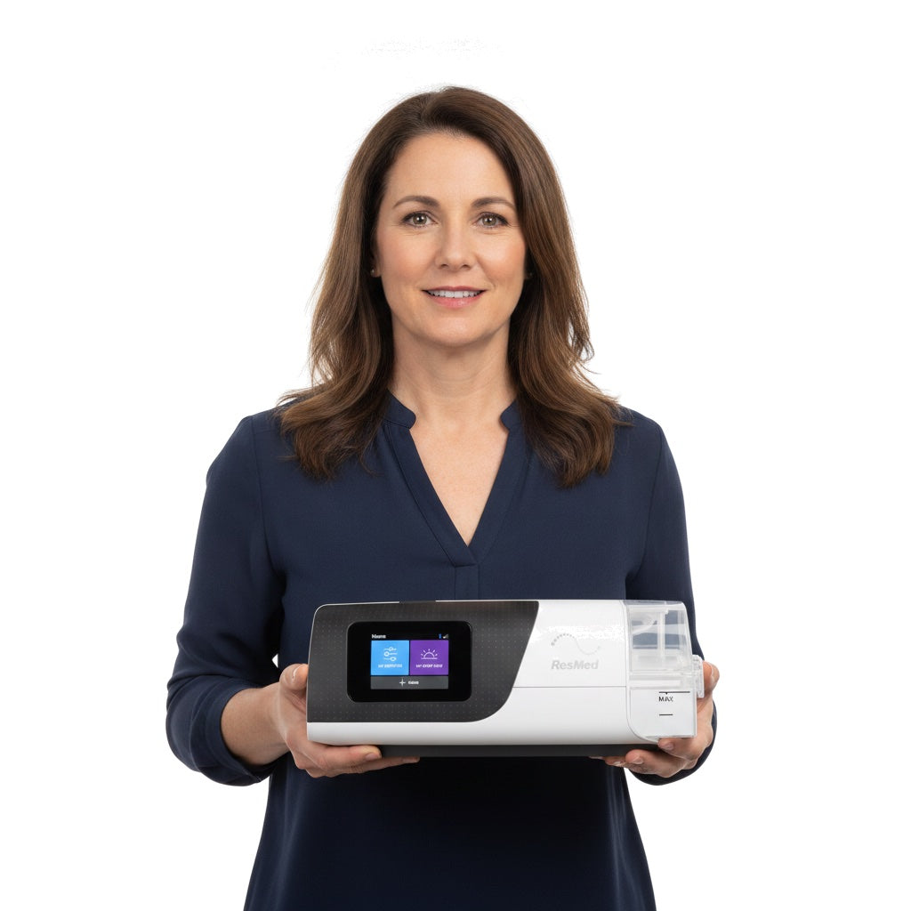 A woman holding a ResMed AirSense 11 CPAP machine