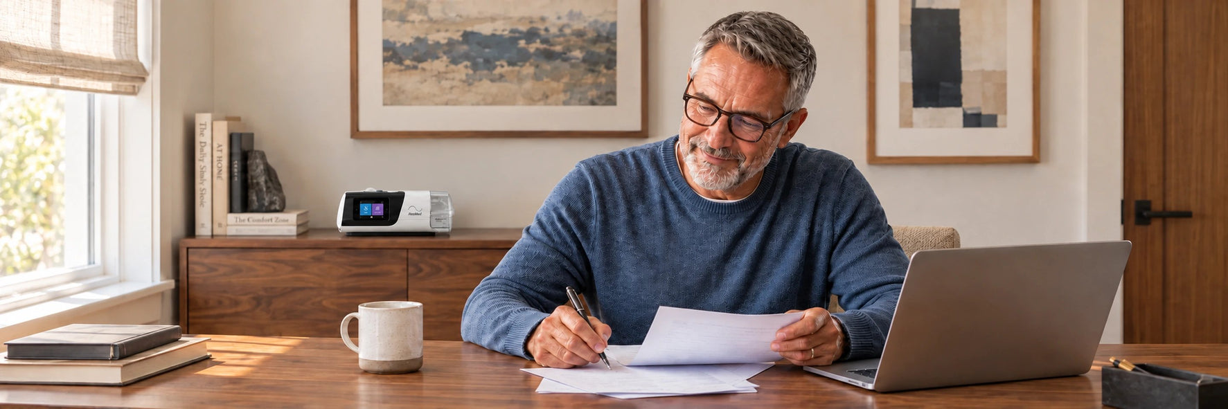 Man at his desk reviewing insurance paperwork, with his CPAP machine on the shelf behind him
