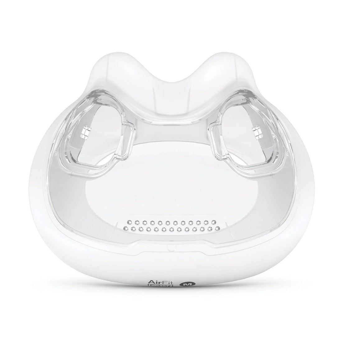 Front view of the ResMed AirFit F30i silicone cushion in Medium, with the side frame connectors and vent holes