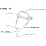 Manufacturer diagram labelling the Nuance Pro gel pillows, gel padded frame, headgear and tube management loop