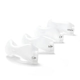 The four DreamWear nasal cushion sizes in a row, marked Small, Medium, Large and Medium Wide