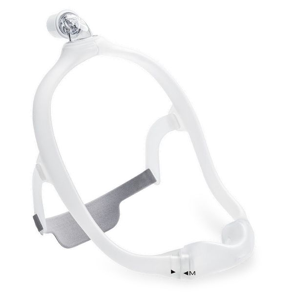 Angled view of the Philips DreamWear nasal mask frame with its top of head elbow and gray strap