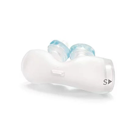 Small DreamWear silicone pillows cushion from below, showing pale blue tinted tips and the S size marking