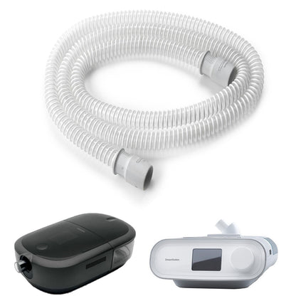 Philips DreamStation 15 mm standard tube coiled on white beside DreamStation machine renders for fit reference