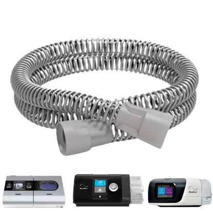 ResMed SlimLine tube shown coiled alongside AirSense 10, AirSense 11 and S9 machine renders for fit reference