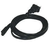Black AC power cord coiled on white, with a two-prong wall plug at one end and a figure-8 connector