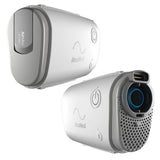 Two views of the ResMed AirMini, one showing the AutoSet label and one showing the air outlet and vented end