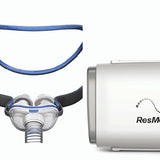 AirFit P10 for AirMini mask beside the ResMed AirMini machine on white, the pair sold together