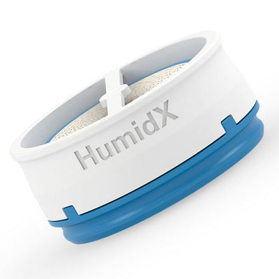 Single ResMed HumidX cartridge on white, blue base ring and the HumidX name molded into the side