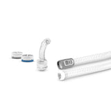 The N20 connector, two HumidX cartridges and the coiled AirMini tube arranged on a white background