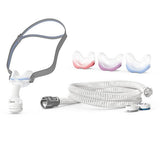 ResMed AirMini mask setup pack with AirFit N30 nasal cradle mask, tubing, three cushion sizes, and HumidX filters