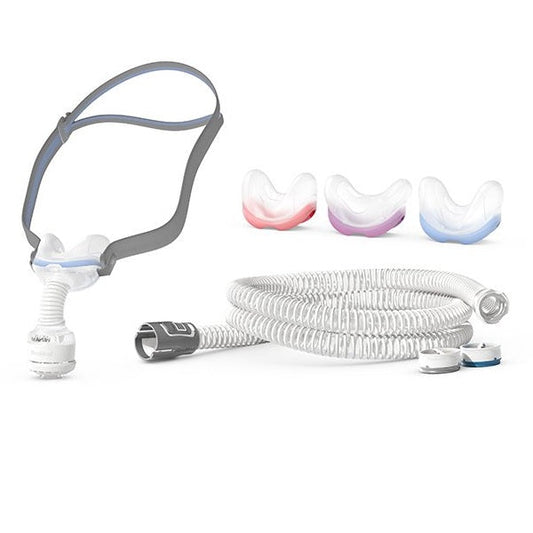 ResMed AirMini mask setup pack with AirFit N30 nasal cradle mask, tubing, three cushion sizes, and HumidX filters