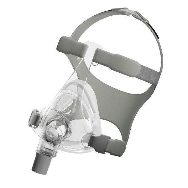Angled view of the Fisher and Paykel Simplus full face mask showing the RollFit seal, ErgoForm headgear and elbow