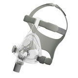 Angled view of the Fisher and Paykel Simplus full face mask showing the RollFit seal, ErgoForm headgear and elbow