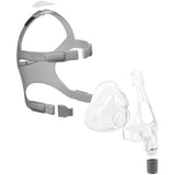 Exploded view of the Simplus mask showing the headgear, frame with RollFit seal, and elbow as separate parts