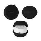 The Transcend Micro 510 hard shell travel case shown closed, from the top, and open with the machine inside
