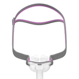 ResMed AirFit P10 For Her nasal pillow mask front view with lavender accented QuickFit split-strap headgear
