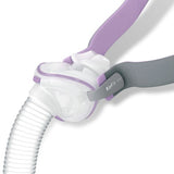 Product shot of the AirFit P10 For Her frame and elbow showing the QuietAir woven mesh vent