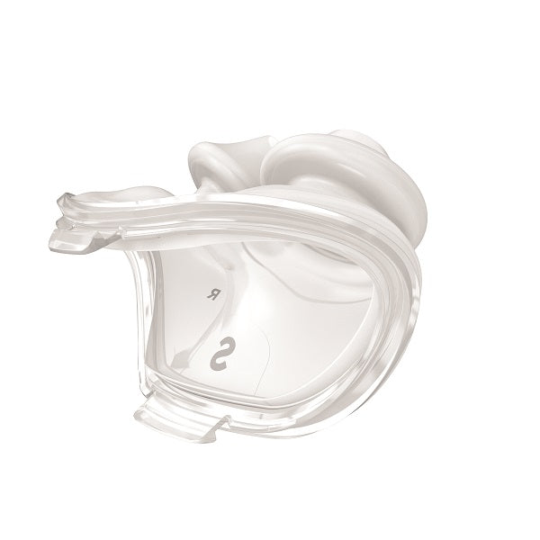 Angled view of the ResMed AirFit P10 Small pillows cushion, showing the clear key ring marked S and R