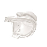 Angled view of the ResMed AirFit P10 Small pillows cushion, showing the clear key ring marked S and R