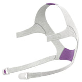 ResMed F20 headgear in gray with violet highlights, the for Her version, seen at the same angle