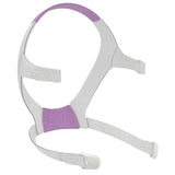 ResMed F20 headgear in gray with violet highlights, opened out to show the full shape of the straps