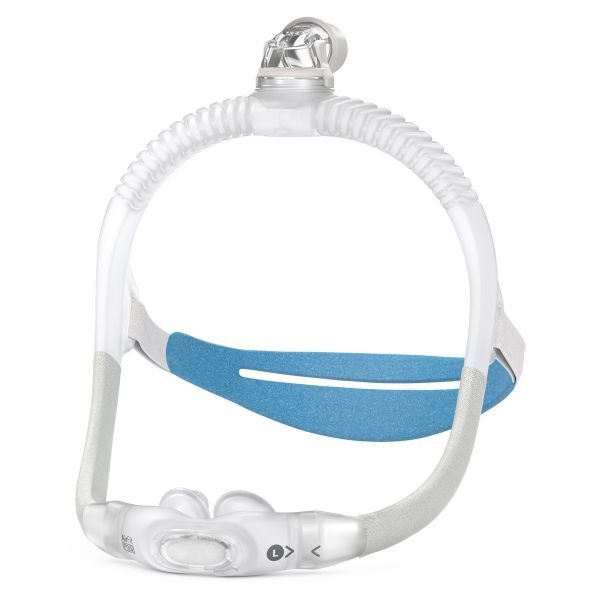 Front view of ResMed AirFit P30i nasal pillow CPAP mask showing SpringFit frame, blue headgear, and top-mounted elbow