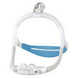 Front view of ResMed AirFit P30i nasal pillow CPAP mask showing SpringFit frame, blue headgear, and top-mounted elbow