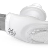 ResMed AirFit P30i nasal pillow mask elbow with top-of-head tube connection and 360-degree swivel