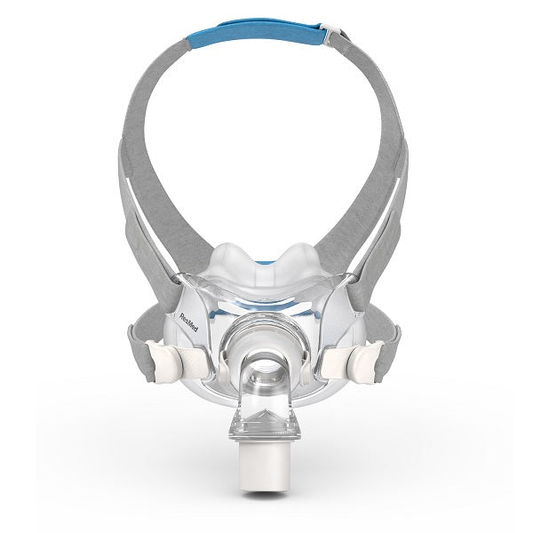 ResMed AirFit F30 full face CPAP mask front view with UltraCompact cushion, clear frame and plush headgear