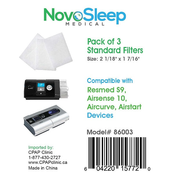 Front of the NovoSleep package for the standard filter 3-pack, listing model 86003 and the compatible ResMed machines