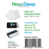 Front of the NovoSleep package for the standard filter 3-pack, listing model 86003 and the compatible ResMed machines