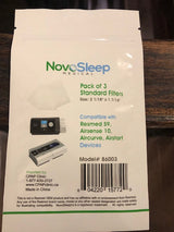 The NovoSleep standard filter retail pouch on a wooden surface, showing its printed not-OEM compatibility disclaimer