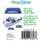 NovoSleep package for three reusable foam filters, marked compatible with DreamStation CPAP, APAP and BiPAP machines