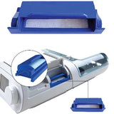 Blue NovoSleep foam filter cartridge shown above a DreamStation with a close view of the side filter slot