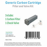 Generic carbon cartridge filter and check valve kit for the SoClean 2, single pack infographic on white