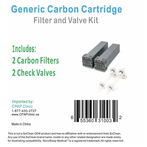 Generic carbon cartridge filter and check valve kit for the SoClean 2, two pack infographic on white