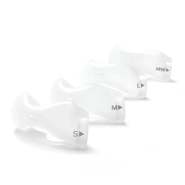 Four DreamWear silicone pillows cushions arranged diagonally, labeled S, M, L and MW to show the full size range