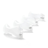 Four DreamWear silicone pillows cushions arranged diagonally, labeled S, M, L and MW to show the full size range