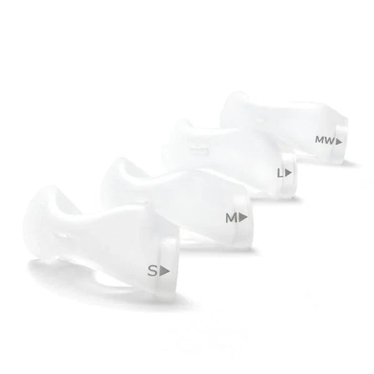 Four DreamWear silicone pillows cushions arranged diagonally, labeled S, M, L and MW to show the full size range