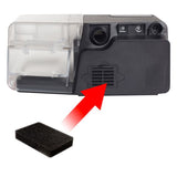 Luna G3 machine from behind with an arrow showing the black foam filter going into its filter slot